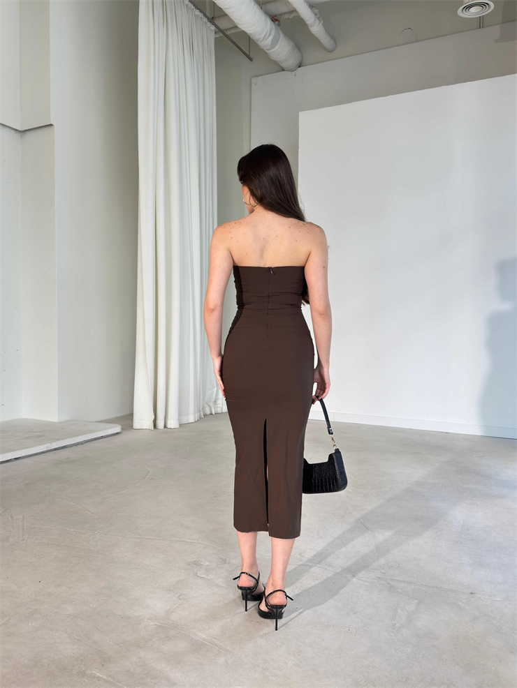Straplez Yaka Slim Midi Boy Kahve Aracel Kadın Elbise 26Y167