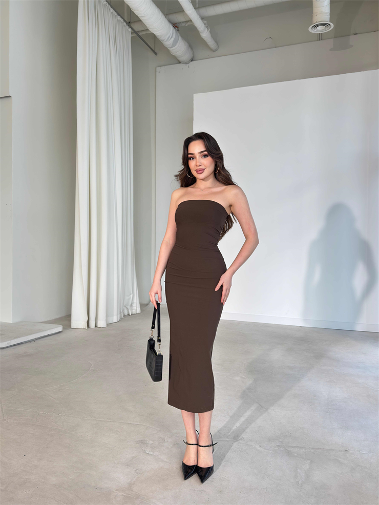 Straplez Yaka Slim Midi Boy Kahve Aracel Kadın Elbise 26Y167