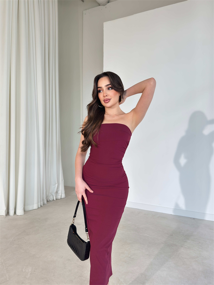 Straplez Yaka Slim Midi Boy Bordo Aracel Kadın Elbise 26Y167