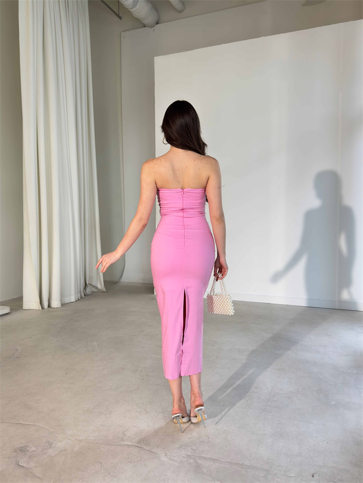 Straplez Yaka Slim Midi Boy Pembe Aracel Kadın Elbise 26Y167