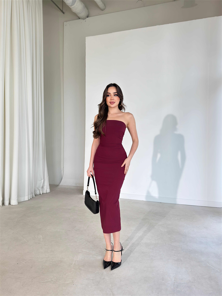 Straplez Yaka Slim Midi Boy Bordo Aracel Kadın Elbise 26Y167