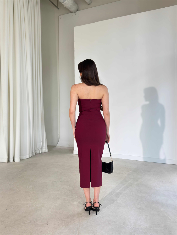 Straplez Yaka Slim Midi Boy Bordo Aracel Kadın Elbise 26Y167