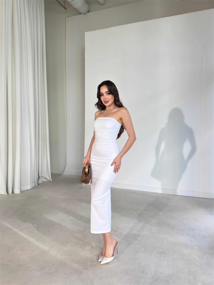 Straplez Yaka Slim Midi Boy Beyaz Aracel Kadın Elbise 26Y167