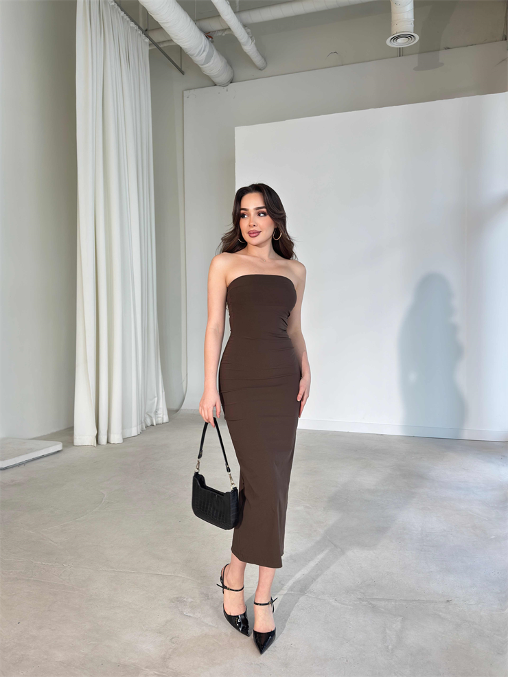 Straplez Yaka Slim Midi Boy Kahve Aracel Kadın Elbise 26Y167