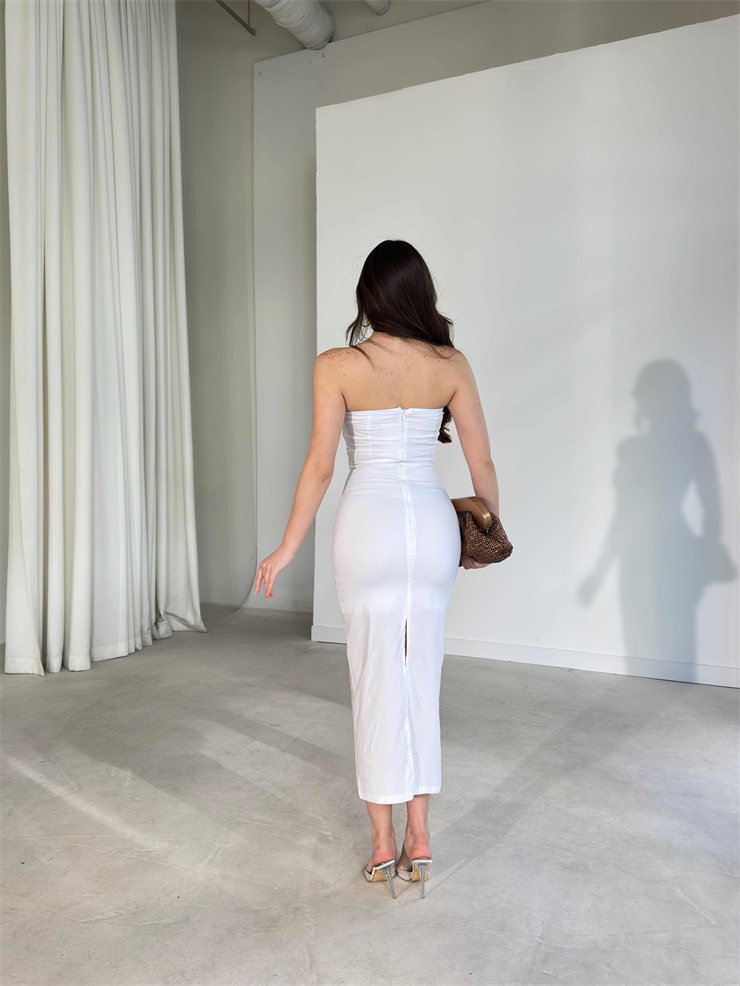 Straplez Yaka Slim Midi Boy Beyaz Aracel Kadın Elbise 26Y167