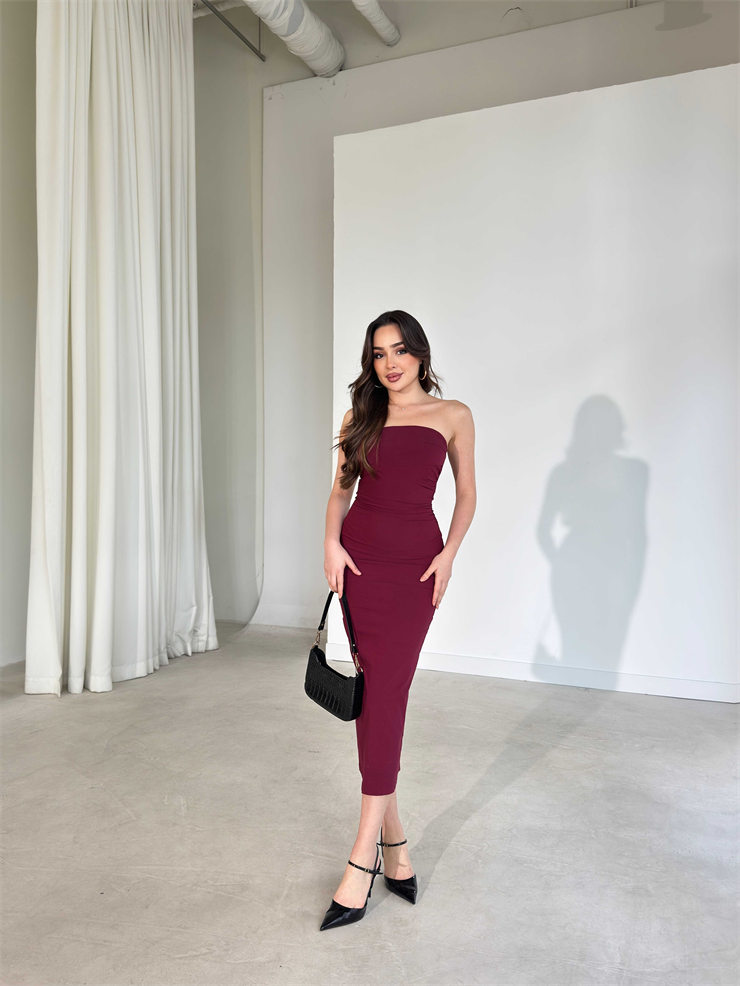 Straplez Yaka Slim Midi Boy Bordo Aracel Kadın Elbise 26Y167