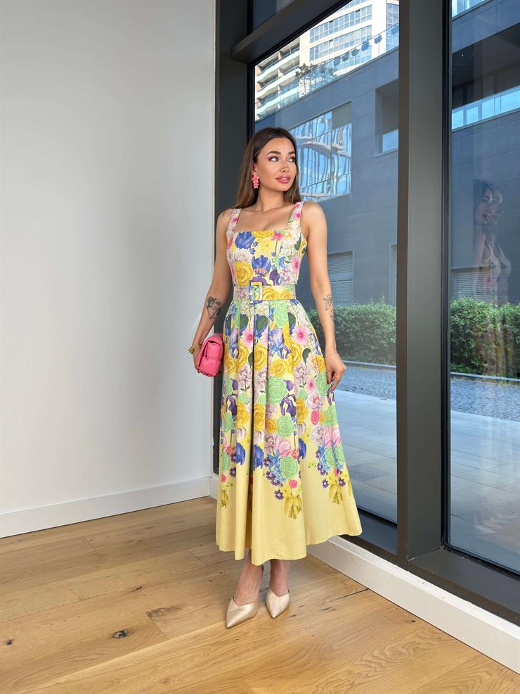 Kalın Askılı Kare Yaka Beli Kemerli Aranda Sarı Kadın Elbise 25Y366