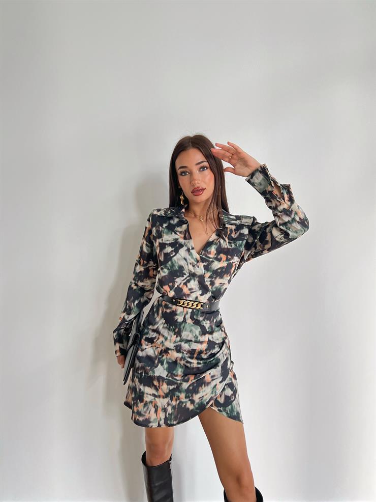 Gömlek Yaka Kemerli Arando Kadın Haki Elbise 24k000119