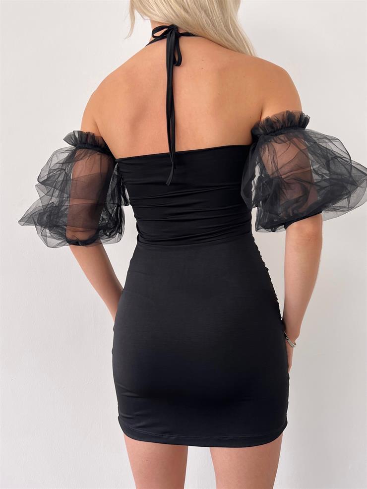 Düşük Tül Kol Boyundan İp Bağlamalı Drape Detaylı Aranha Kadın Siyah Mini Elbise 23Y000402