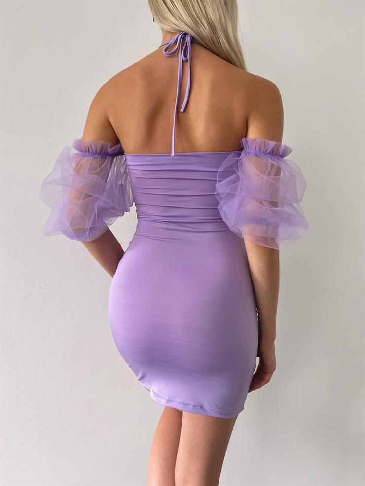 Düşük Tül Kol Boyundan İp Bağlamalı Drape Detaylı Aranha Kadın Lila Mini Elbise 23Y000402