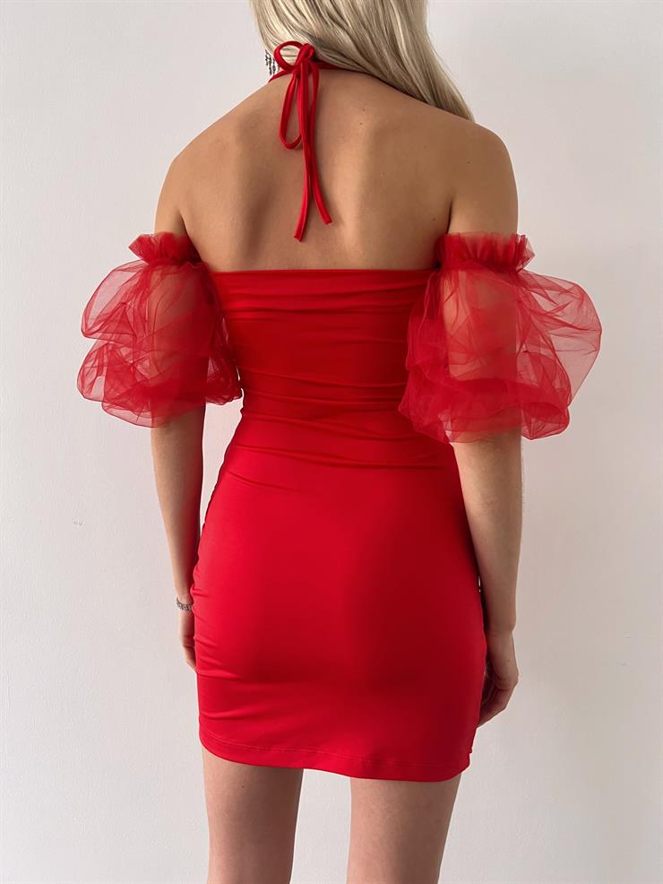Düşük Tül Kol Boyundan İp Bağlamalı Drape Detaylı Aranha Kadın Kırmızı Mini Elbise 23Y000402