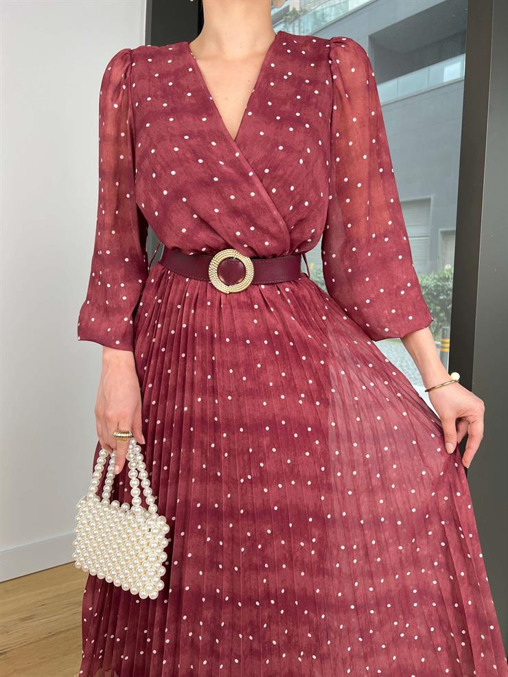 Kruvaze Yaka Beli Kemerli Arbın Bordo Kadın Elbise 25Y223