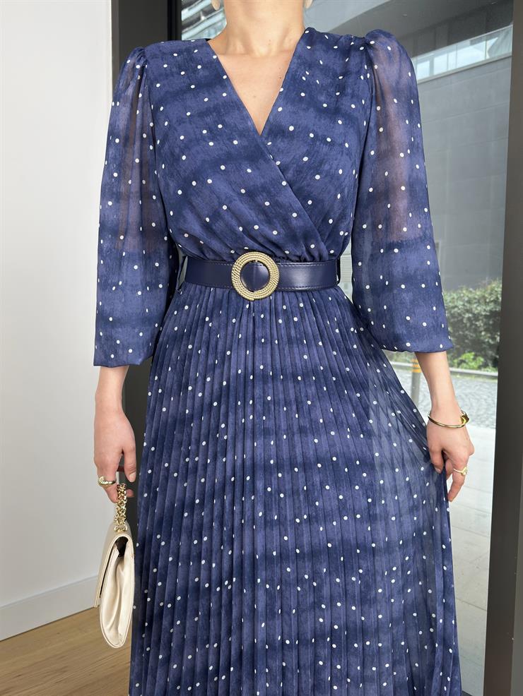 Kruvaze Yaka Beli Kemerli Arbın Lacivert Kadın Elbise 25Y223