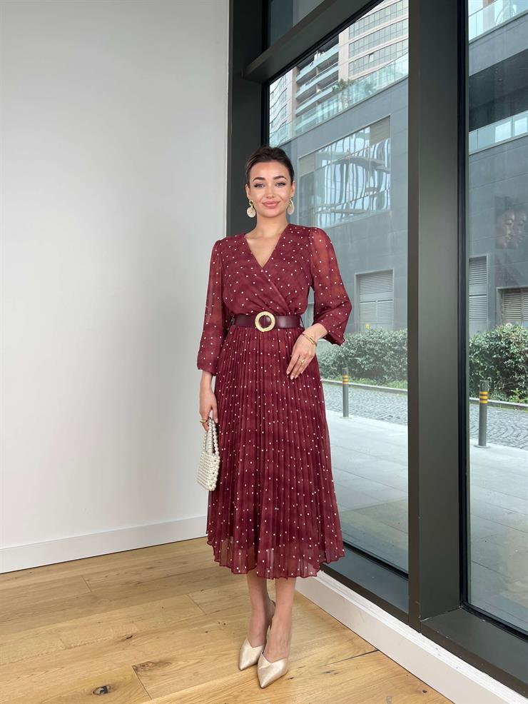 Kruvaze Yaka Beli Kemerli Arbın Bordo Kadın Elbise 25Y223