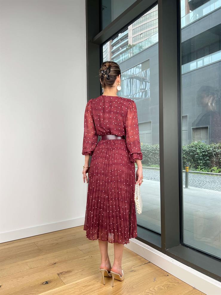 Kruvaze Yaka Beli Kemerli Arbın Bordo Kadın Elbise 25Y223