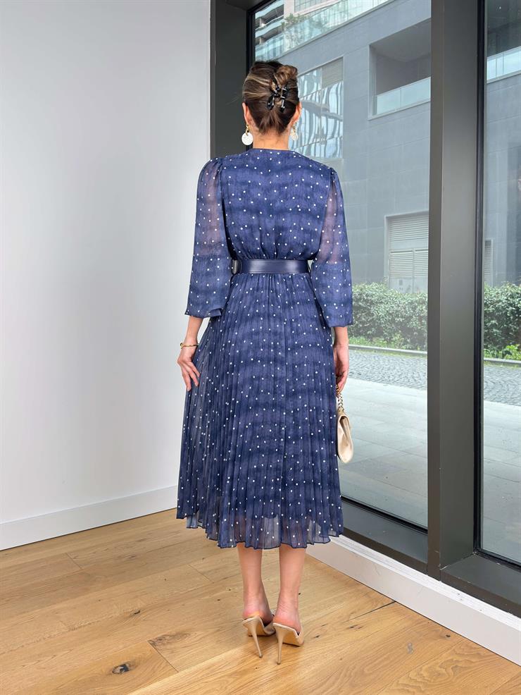 Kruvaze Yaka Beli Kemerli Arbın Lacivert Kadın Elbise 25Y223