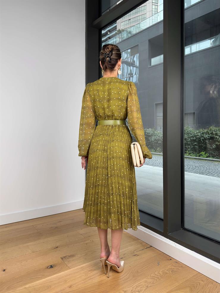 Kruvaze Yaka Beli Kemerli Arbın Haki Kadın Elbise 25Y223