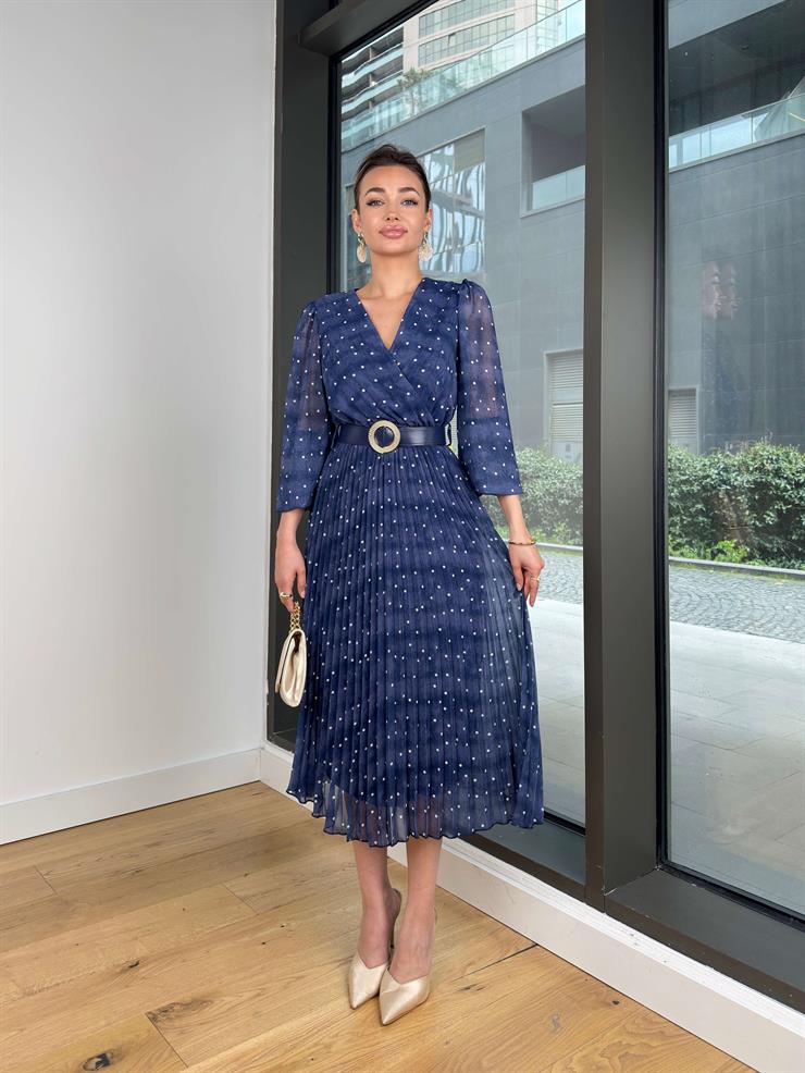 Kruvaze Yaka Beli Kemerli Arbın Lacivert Kadın Elbise 25Y223