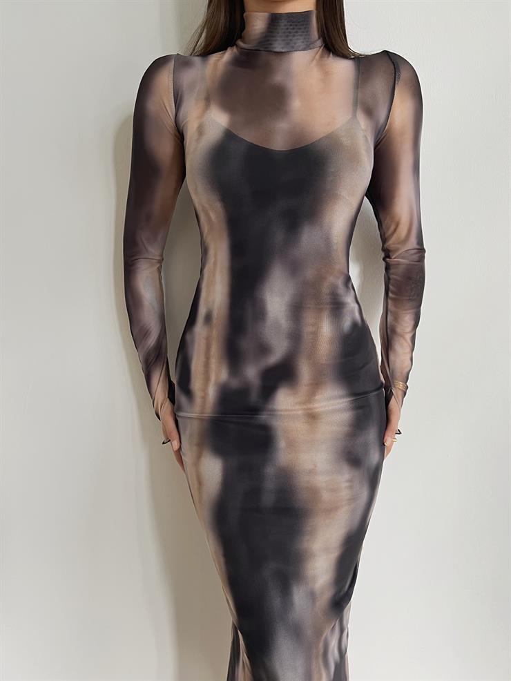 Balıkçı Yaka Uzun Tül Kol Arboreto Kadın Bej Elbise 24k000121