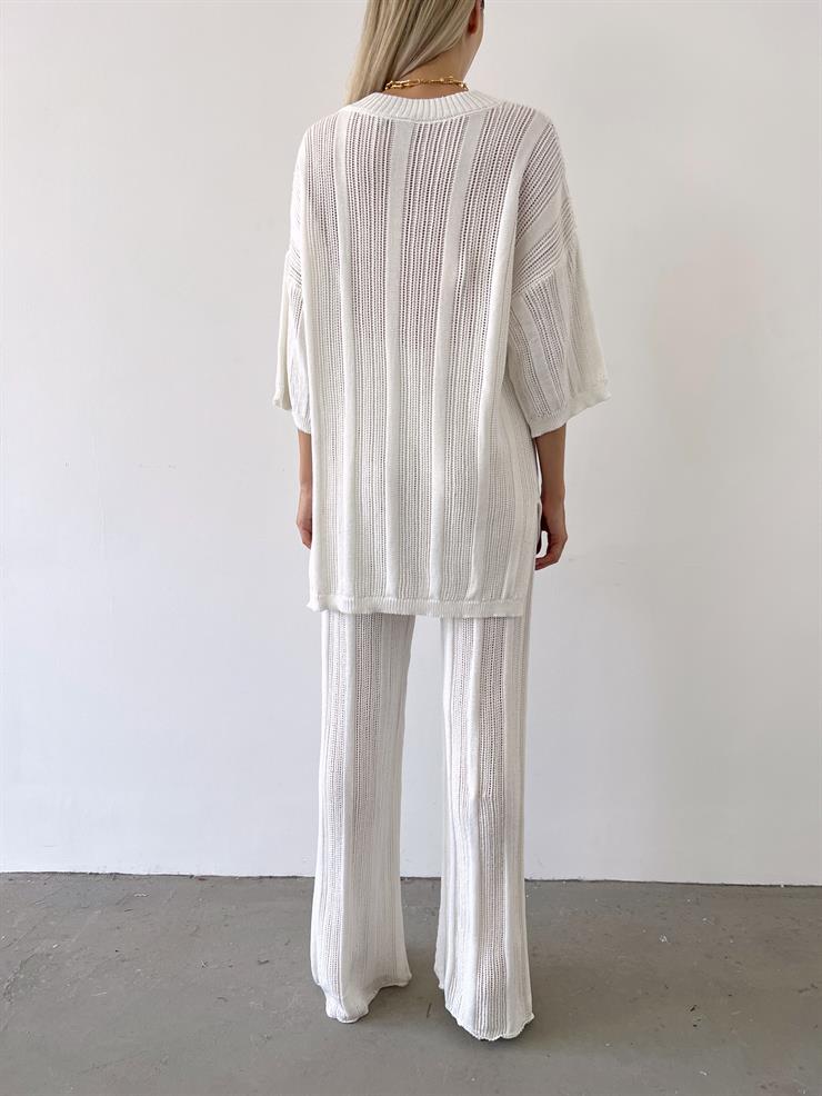 V Yaka Yarım Kol Bluz Yüksek Bel Pantolon Aref Kadın Ekru Örme Takım 23Y000493