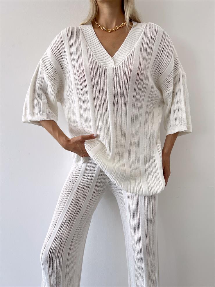 V Yaka Yarım Kol Bluz Yüksek Bel Pantolon Aref Kadın Ekru Örme Takım 23Y000493