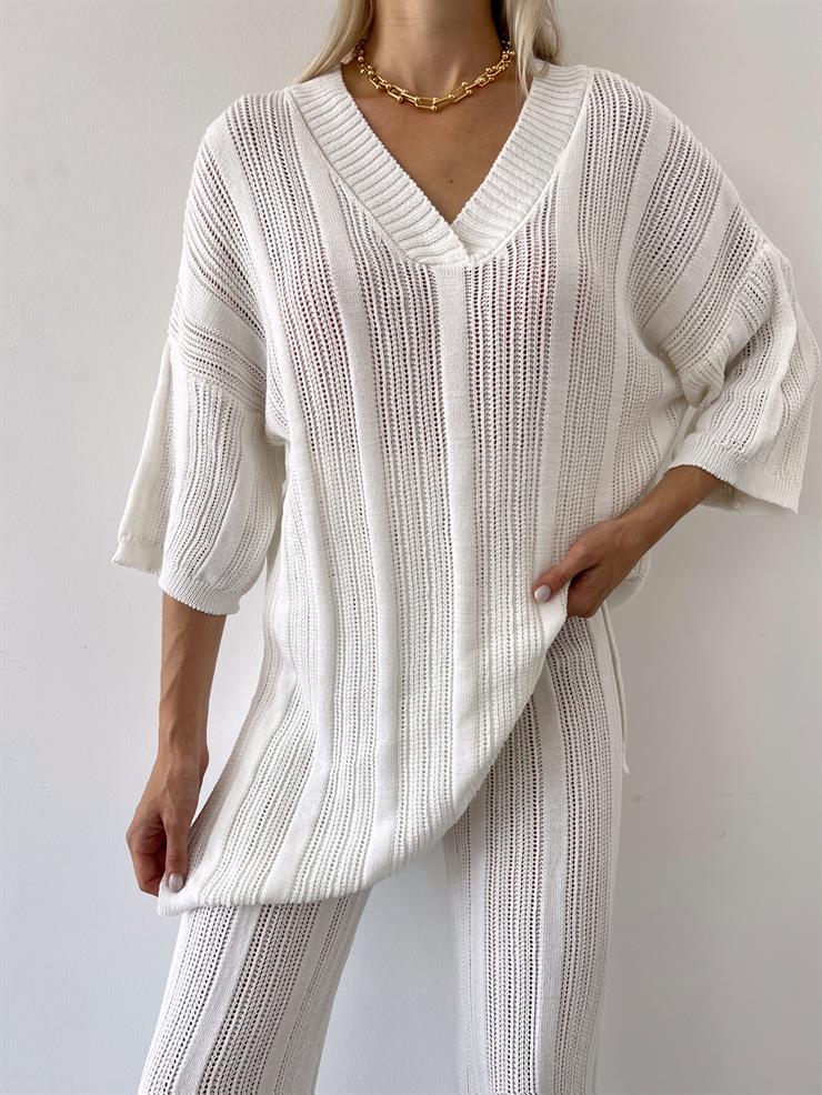 V Yaka Yarım Kol Bluz Yüksek Bel Pantolon Aref Kadın Ekru Örme Takım 23Y000493