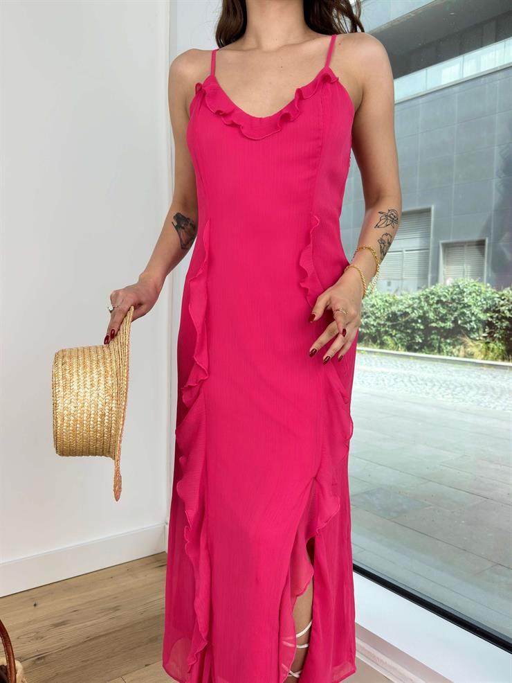 Askılı Sırt Dekolteli  Fırfır Detaylı Ariana Kadın Fuşya Elbise 24Y323