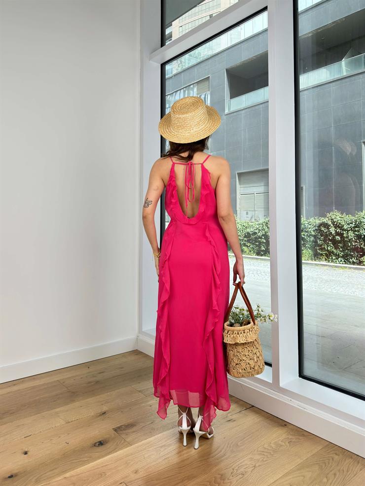 Askılı Sırt Dekolteli  Fırfır Detaylı Ariana Kadın Fuşya Elbise 24Y323