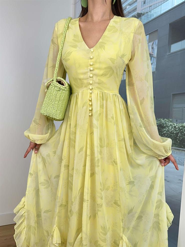 V Yaka Önü Düğmeli Uzun Tül Kol Aris Kadın Sarı Elbise 24Y651