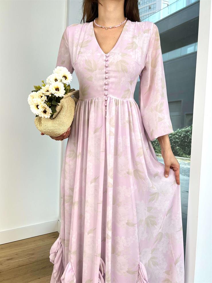 V Yaka Önü Düğmeli Uzun Tül Kol Aris Kadın Lila Elbise 24Y651