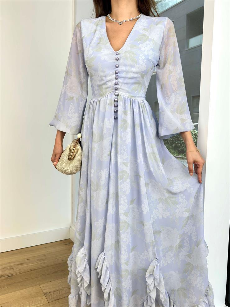 V Yaka Önü Düğmeli Uzun Tül Kol Aris Kadın Mavi Elbise 24Y651