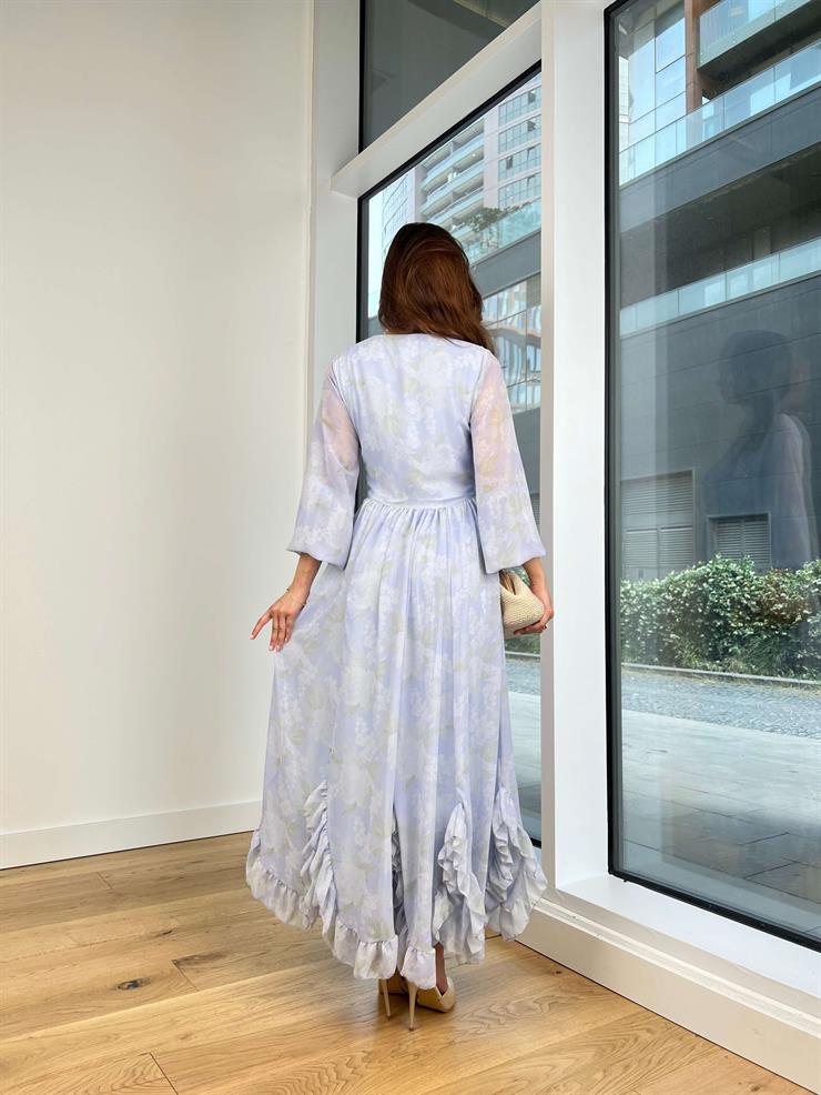 V Yaka Önü Düğmeli Uzun Tül Kol Aris Kadın Mavi Elbise 24Y651