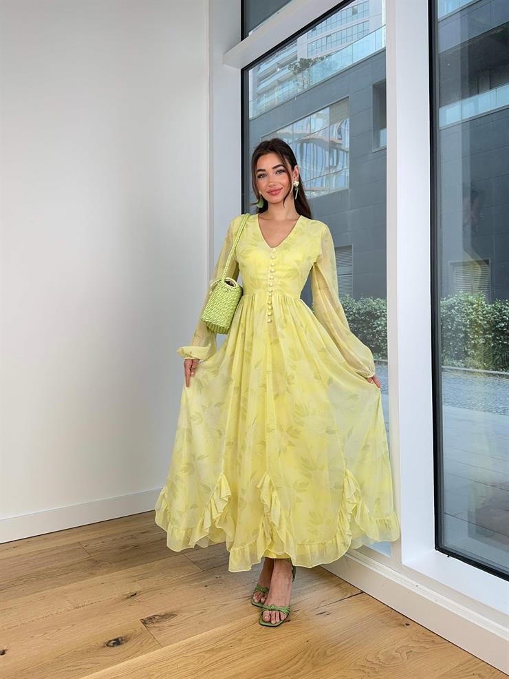 V Yaka Önü Düğmeli Uzun Tül Kol Aris Kadın Sarı Elbise 24Y651