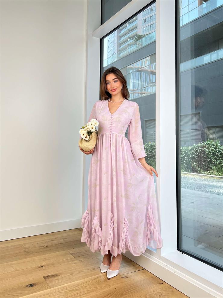 V Yaka Önü Düğmeli Uzun Tül Kol Aris Kadın Lila Elbise 24Y651