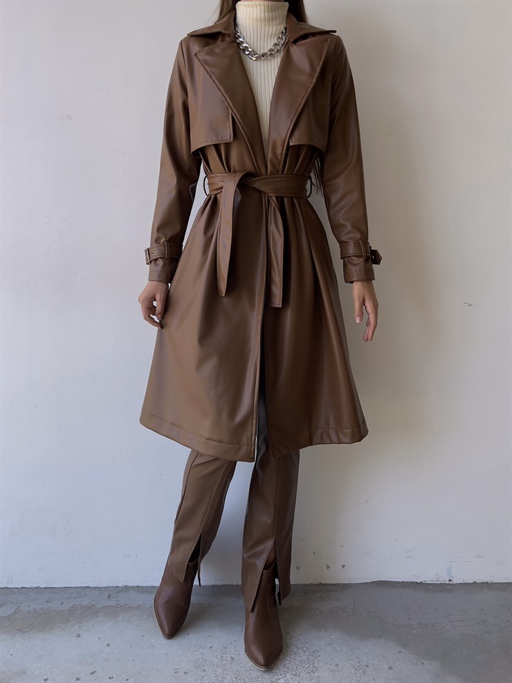 Arka Yırtmaçlı Bağcıklı Deri Kadın Taba Renk Trençkot 22K000274