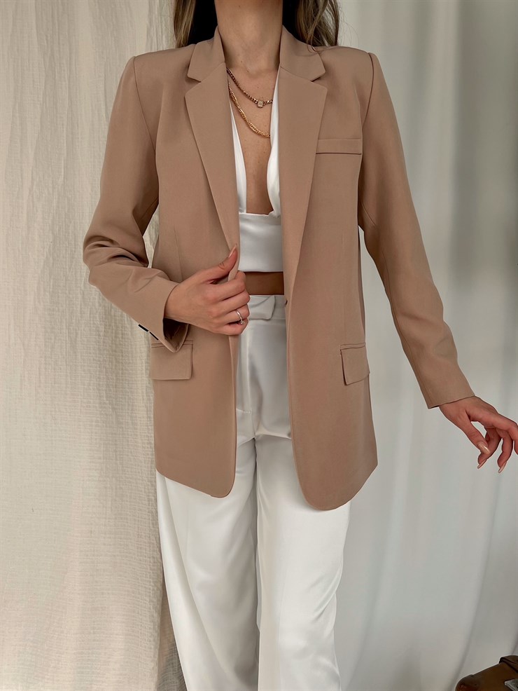 Arkadan Yırtmaçlı Damaris Kadın Camel Blazer Ceket 22Y000022