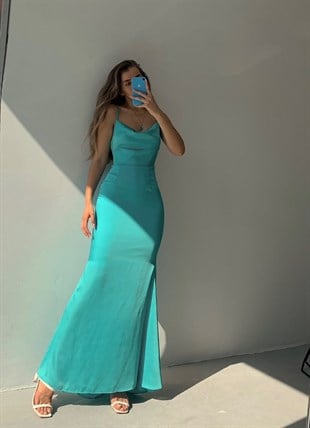 Saten Sırt Dekolte Arkası Çapraz Askılı Mermaid Kadın Mint Uzun Elbise 21Y000485