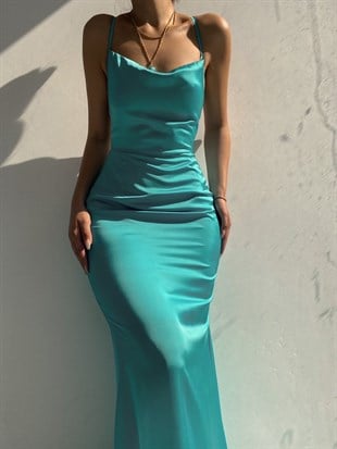 Saten Sırt Dekolte Arkası Çapraz Askılı Mermaid Kadın Mint Uzun Elbise 21Y000485