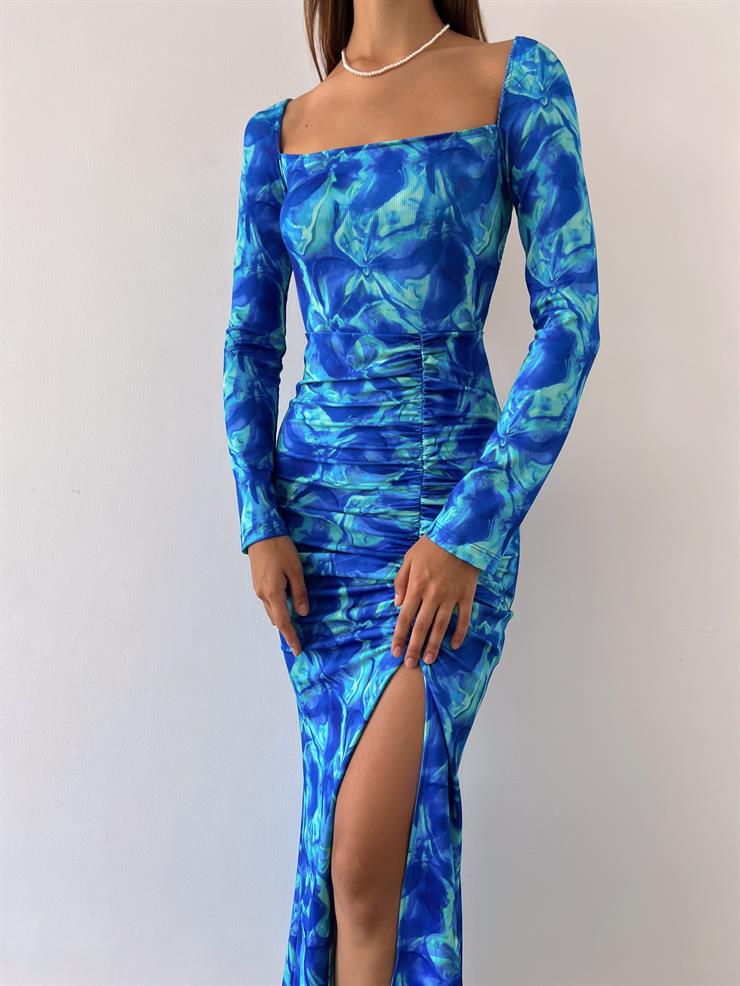 Arkası Çapraz İp Bağlamalı Bel Detaylı Rozin Kadın Saks  Elbise 23Y000481