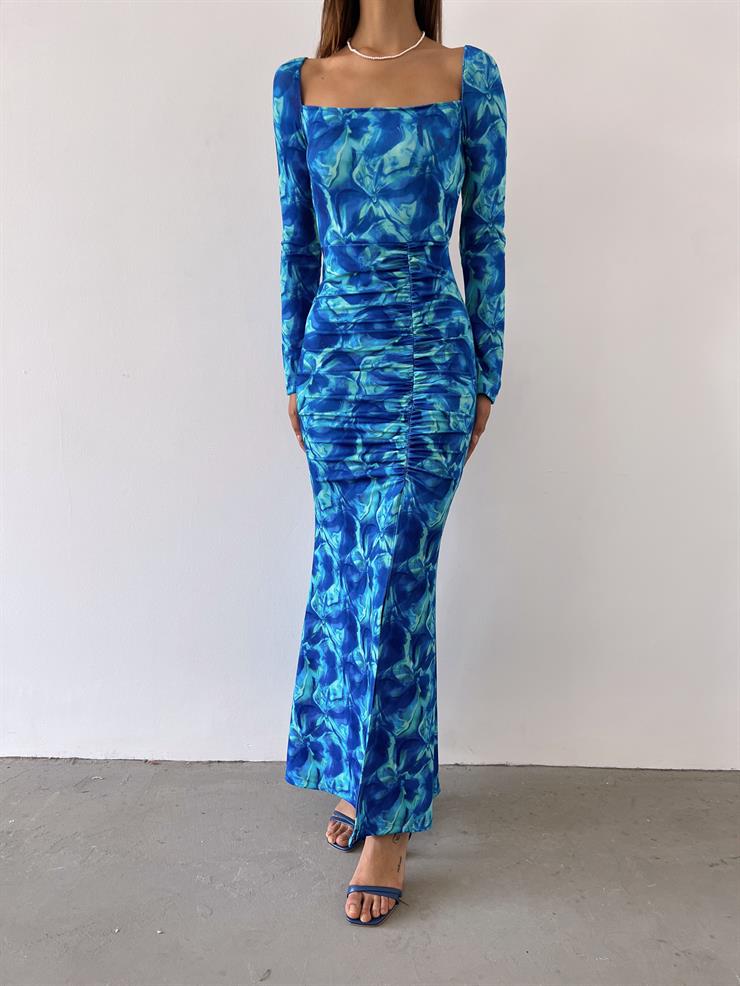 Arkası Çapraz İp Bağlamalı Bel Detaylı Rozin Kadın Saks  Elbise 23Y000481