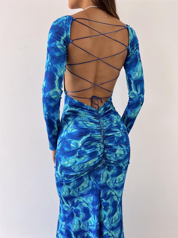 Arkası Çapraz İp Bağlamalı Bel Detaylı Rozin Kadın Saks  Elbise 23Y000481