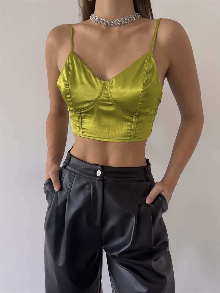 Arkası Gipeli Askılı Saten Gian Kadın Zeytin Yeşili Crop Bluz 23K000151