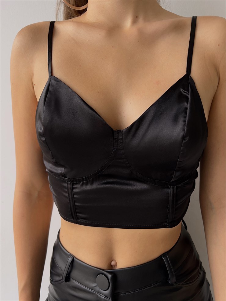 Arkası Gipeli Askılı Saten Gian Kadın Siyah Crop Bluz 23K000151