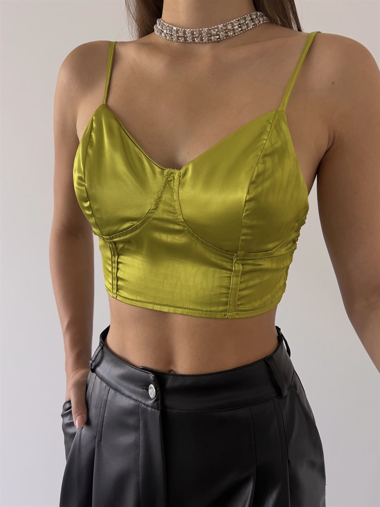 Arkası Gipeli Askılı Saten Gian Kadın Zeytin Yeşili Crop Bluz 23K000151