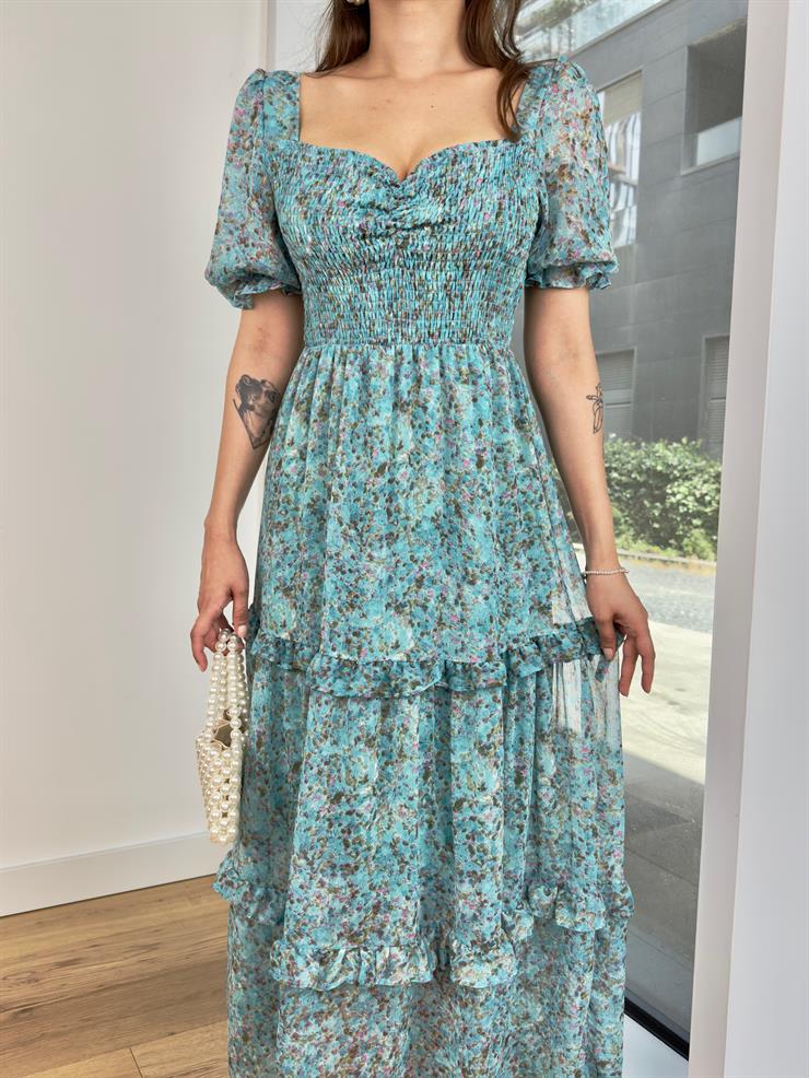 Kısa Balon Kol Üst Kısmı Gipeli Eteği Kat Görünümlü Arlete Kadın Çiçekli Turkuaz Elbise 24Y482