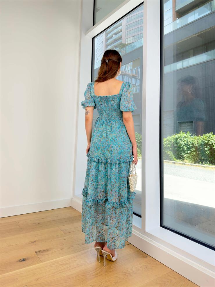 Kısa Balon Kol Üst Kısmı Gipeli Eteği Kat Görünümlü Arlete Kadın Çiçekli Turkuaz Elbise 24Y482