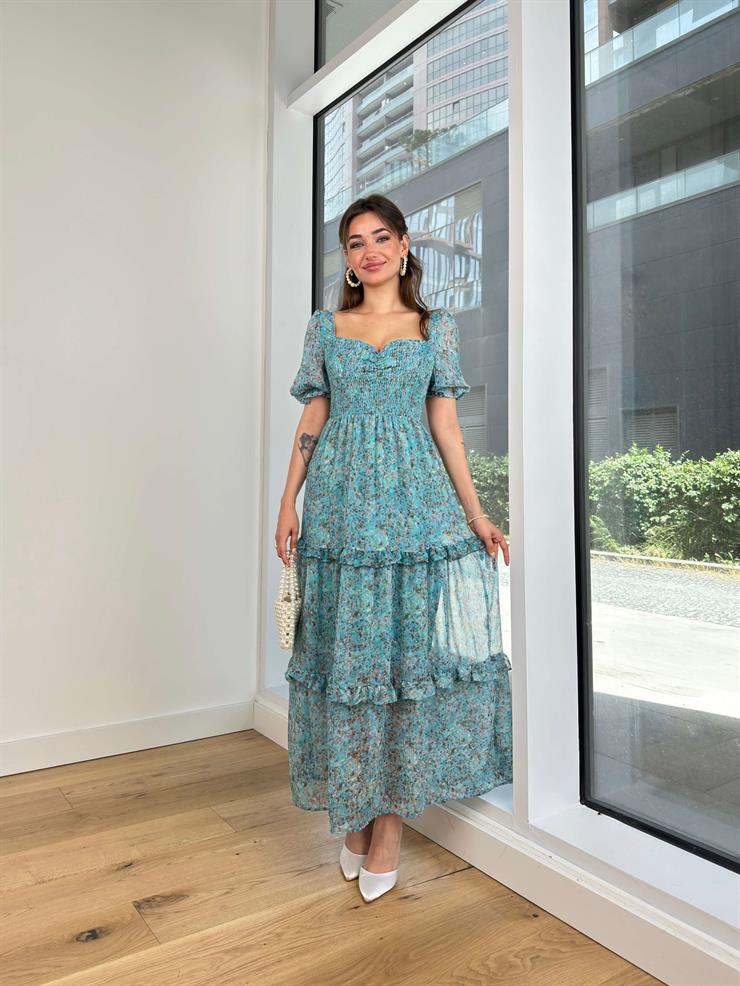 Kısa Balon Kol Üst Kısmı Gipeli Eteği Kat Görünümlü Arlete Kadın Çiçekli Turkuaz Elbise 24Y482