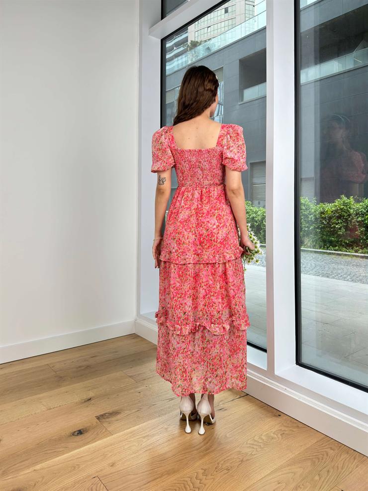 Kısa Balon Kol Üst Kısmı Gipeli Eteği Kat Görünümlü Arlete Kadın Çiçekli Renkli Elbise 24Y482