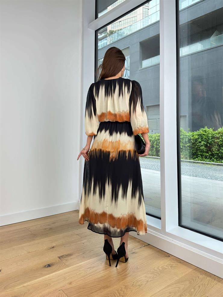 V Yaka Belden Bağlamalı Arlina Kadın Renkli Desenli Tül Elbise 24Y472