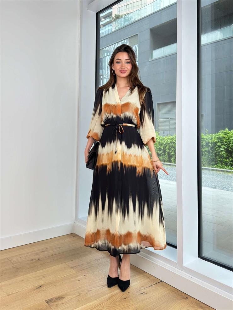 V Yaka Belden Bağlamalı Arlina Kadın Renkli Desenli Tül Elbise 24Y472